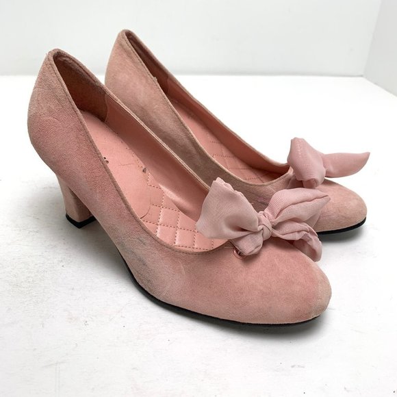 CAMI Genuine Suede Leather Pink Chunky High Heels Pumps Block Bow Round Toe sz 6 - Picture 1 of 16
